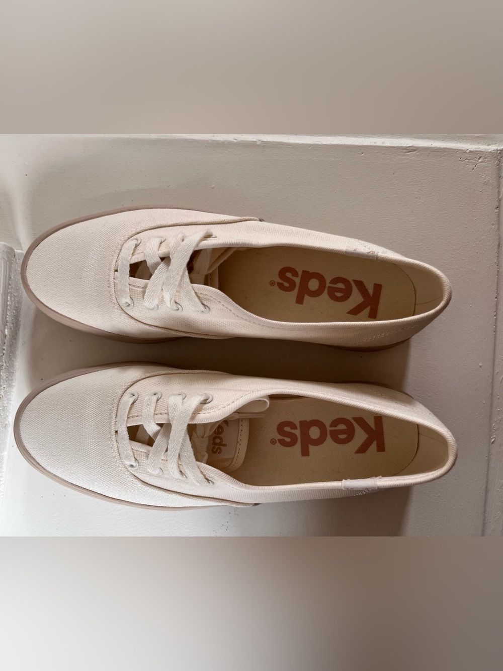 Keds Women's Off-White Canvas Low Profile Lace-Up Sneakers with Taupe Sole - Picture 2 of 7